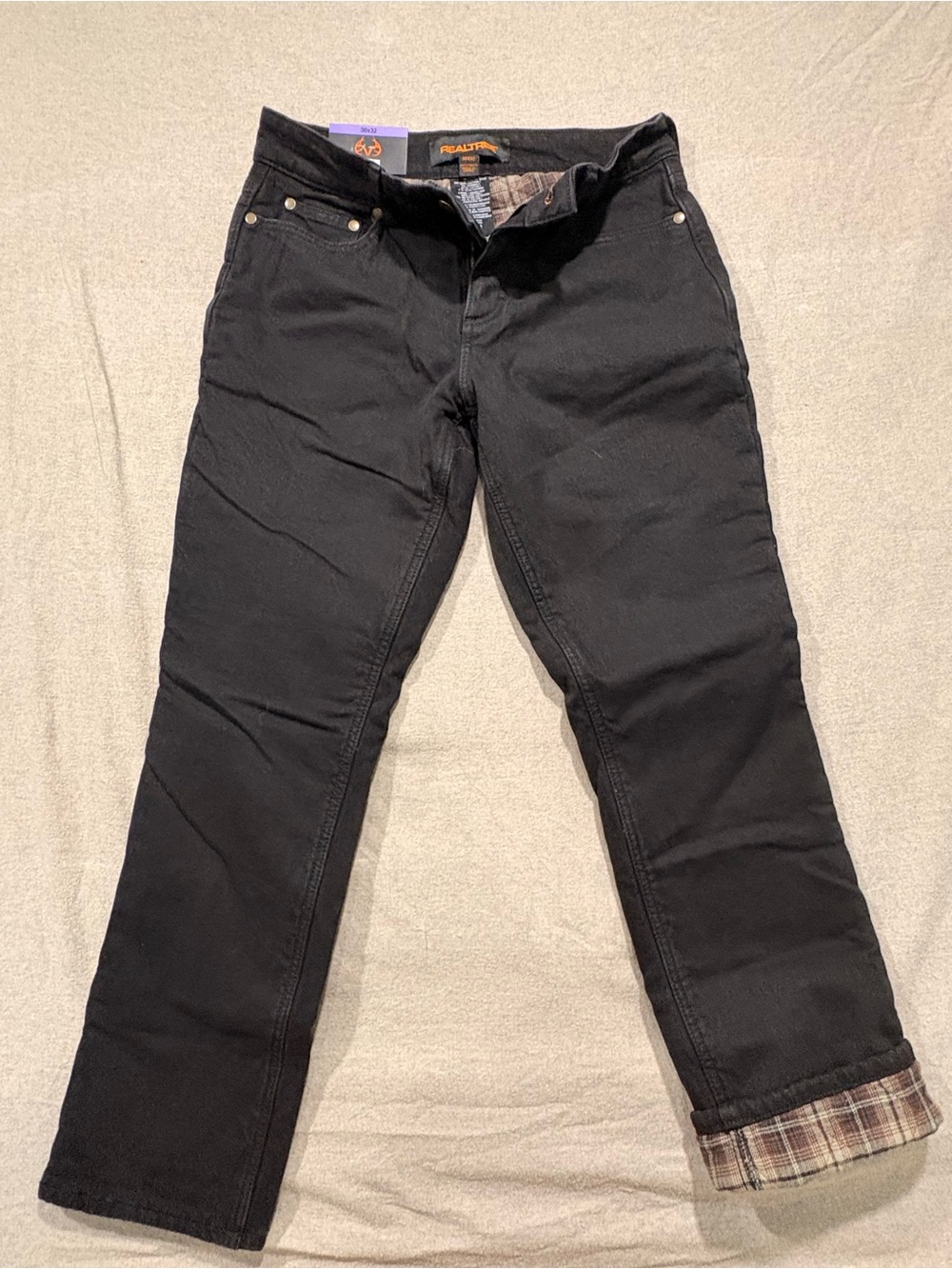 Realtree Men’s Black Straight Jeans with Plaid Lining